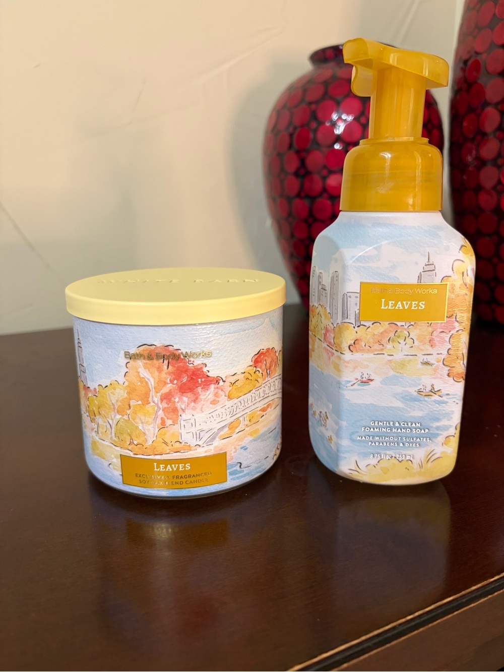 Bath & Body Works Leaves Scented 3 Wick Candle and Foaming Hand Soap Set